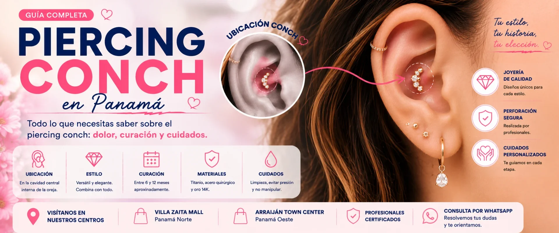 Piercing conch en Panamá con joyería hipoalergénica