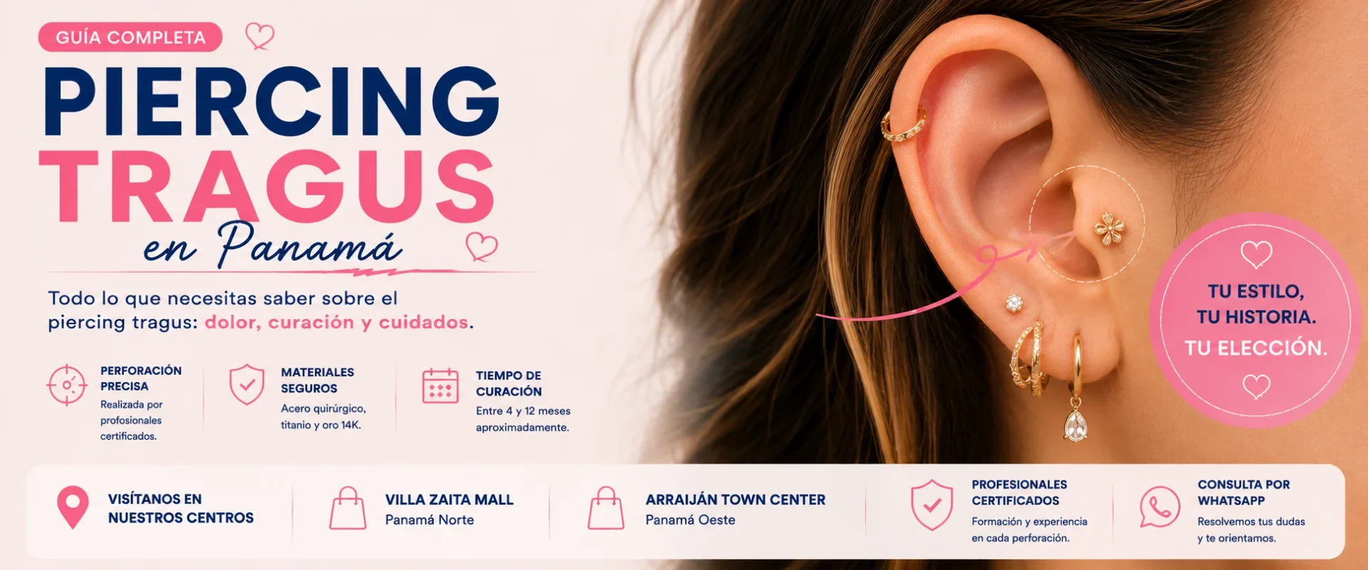 Piercing tragus en Panamá con joyería hipoalergénica